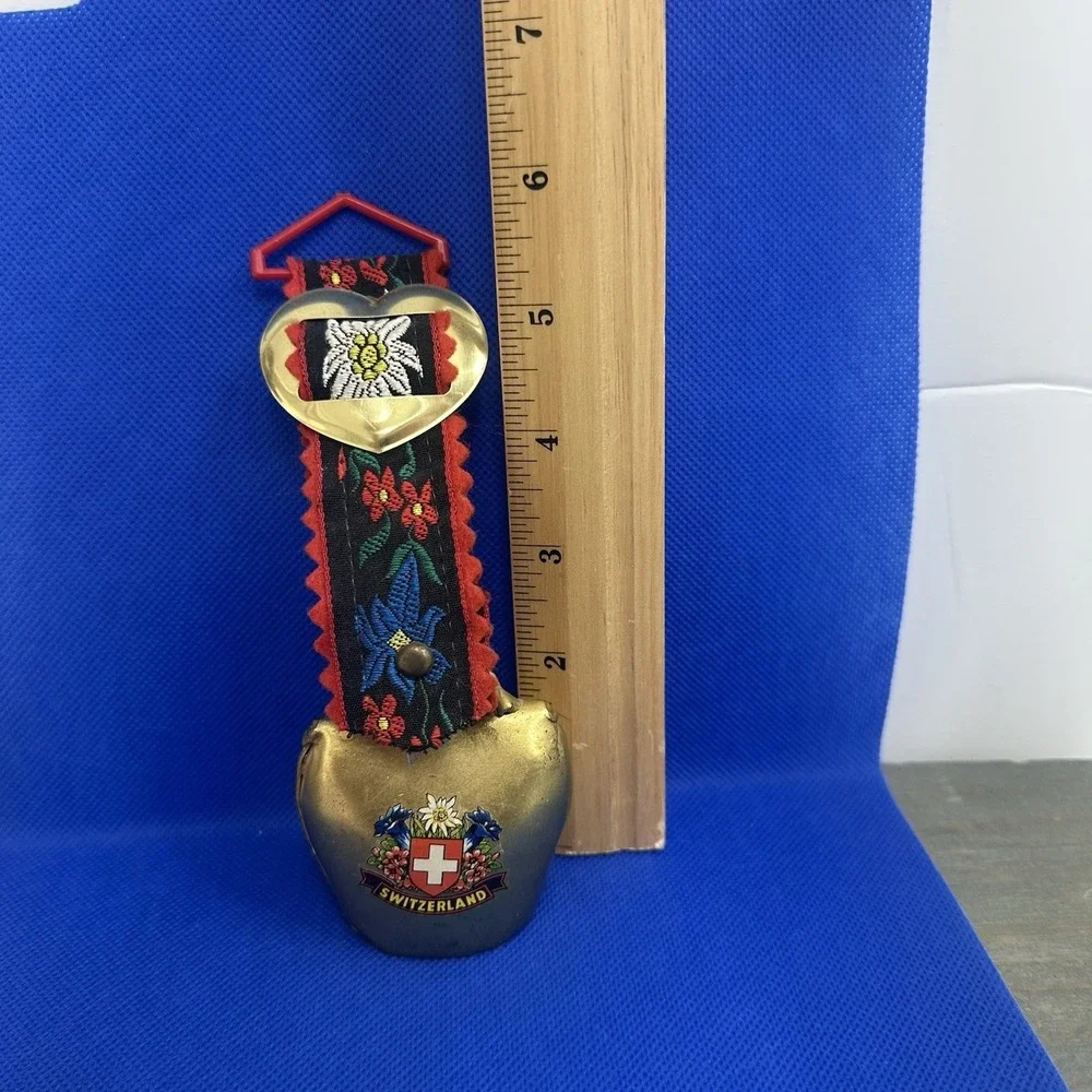 Vintage Floral Switzerland Gold Tone Metal Cow Bell with Floral‎ Heart Ribbon
